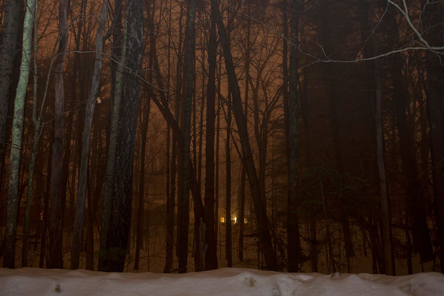 house through trees at night in snow